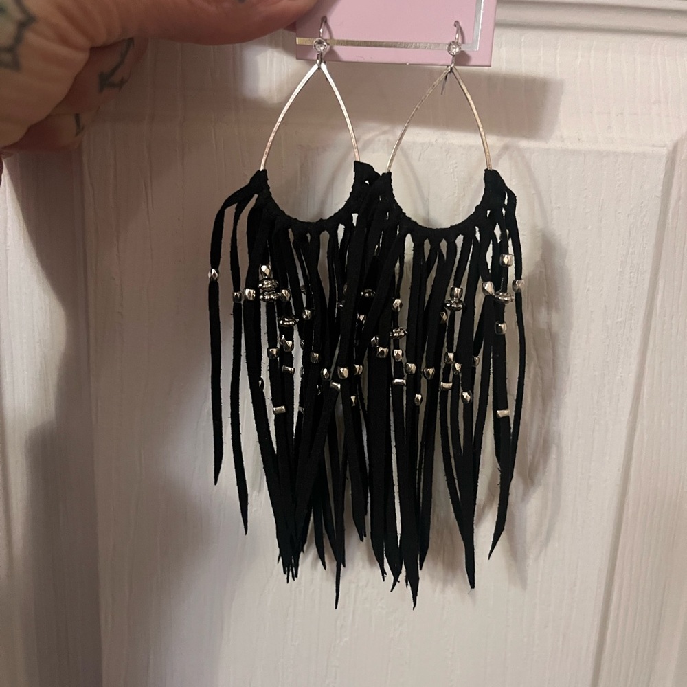 Black Fringe Earrings with Silver Accents